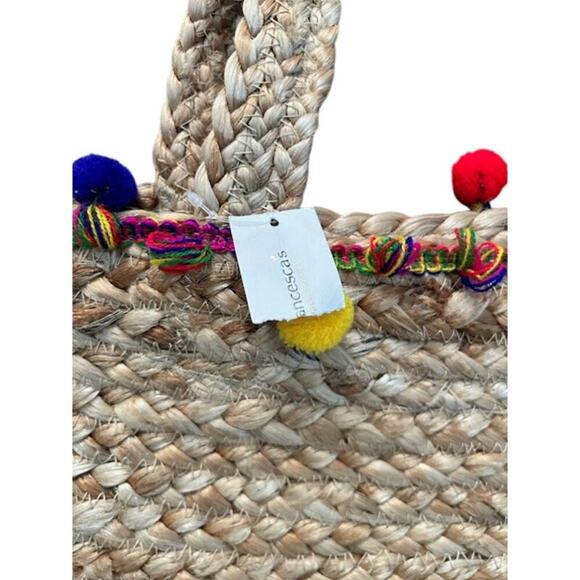 Shiraleah Chicago Woven Jute Tote Bag with Pom Pom Trim Francesca’s NWT - Picture 2 of 5